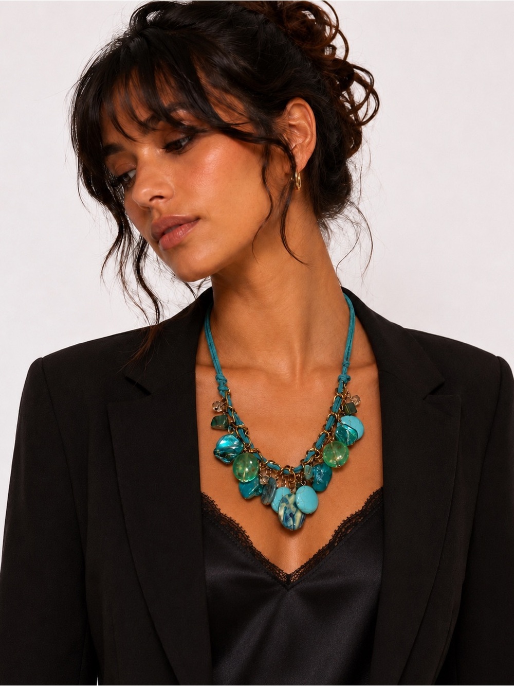 Boho Turquoise Blown Glass Charm Necklace Leather Cord Gold Tone Art To Wear